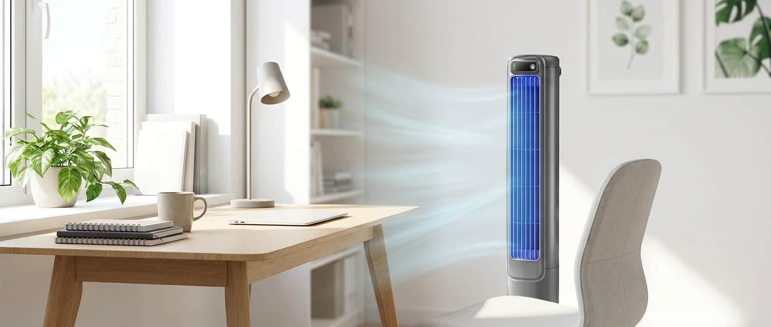 Le prototype Froza Cooler en marche dans le salon de Julien, propulsant de l'air froid à travers la pièce.